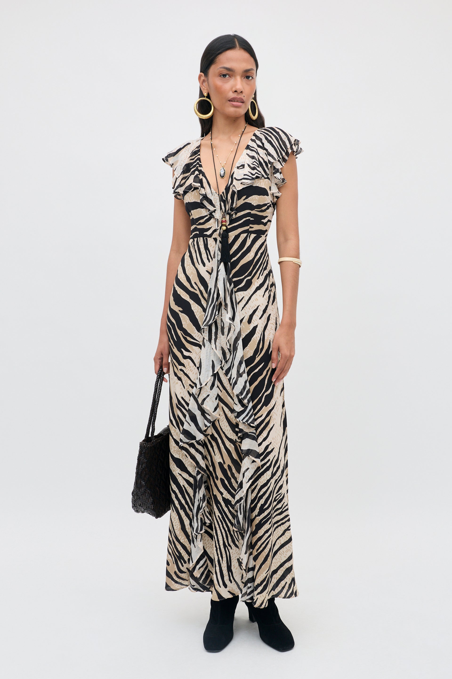 Sofiya Silk Midi Dress in Cooper Tiger Beige