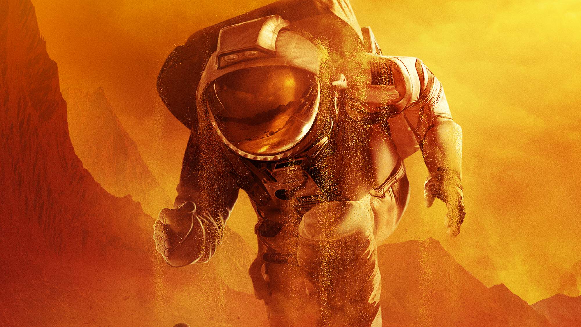 Un astronauta en Marte con arena cayendo de ellos en el arte del cartel de For All Mankind