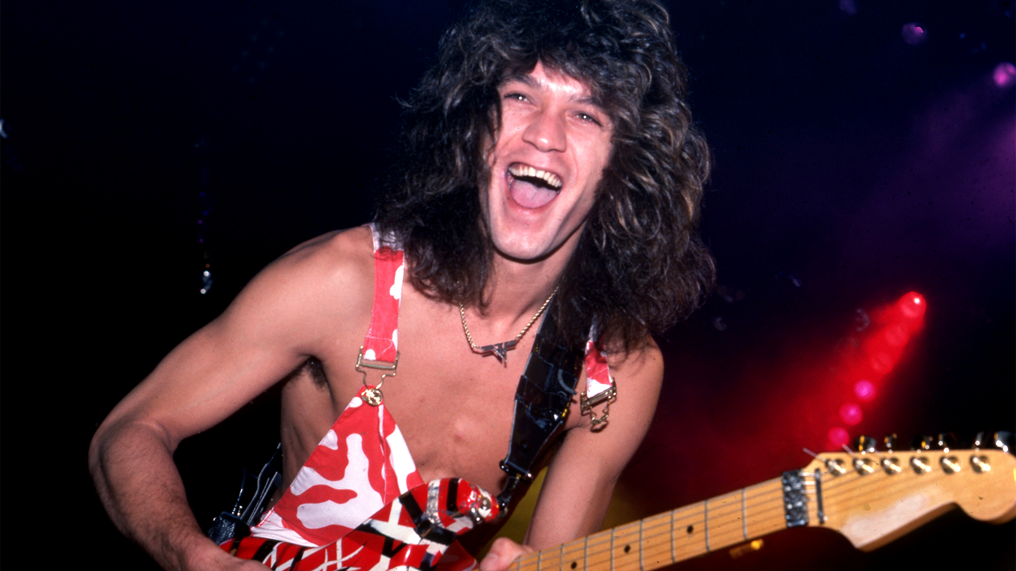 Eddie Van Halen (1955-2020) plays his custom Frankenstrat guitar at Cobo Arena during Van Halen's "Hide Your Sheep Tour" on August 13, 1982, in Detroit, Michigan. 