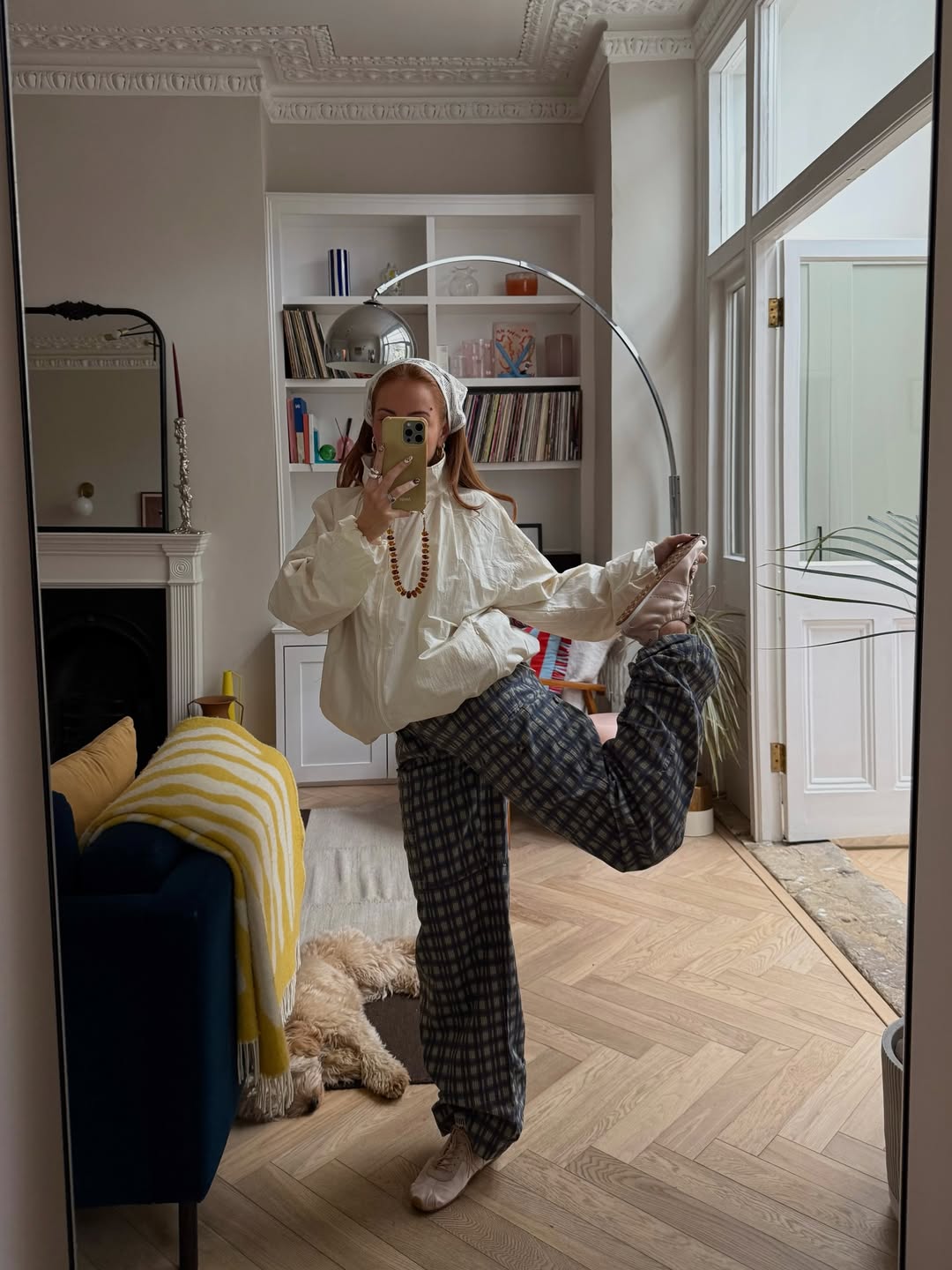 Rebecca in pink satin trainers and white windbreaker