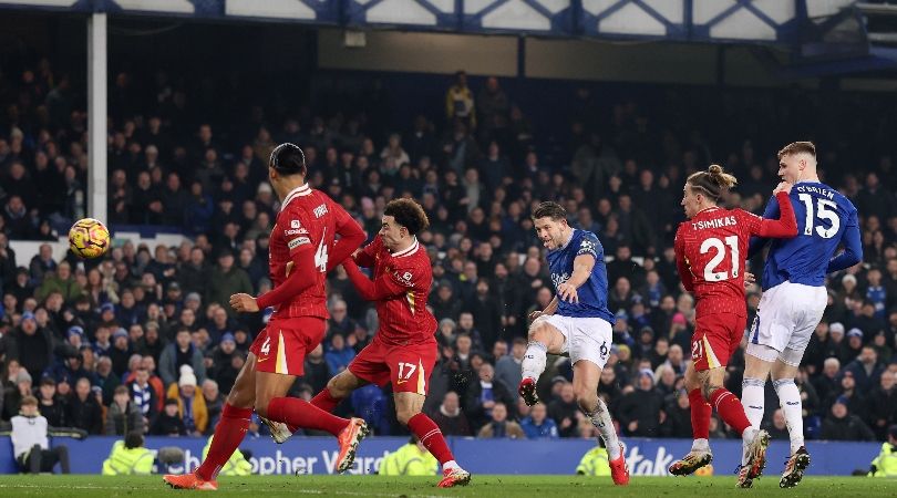 James Tarkowski scores a late equaliser for Everton against Liverpool in the last-ever Merseyside derby at Goodison Park in February 2025.