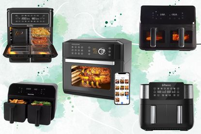 A collage of the best familiy air fryers including Breville, Lakeland and Salter