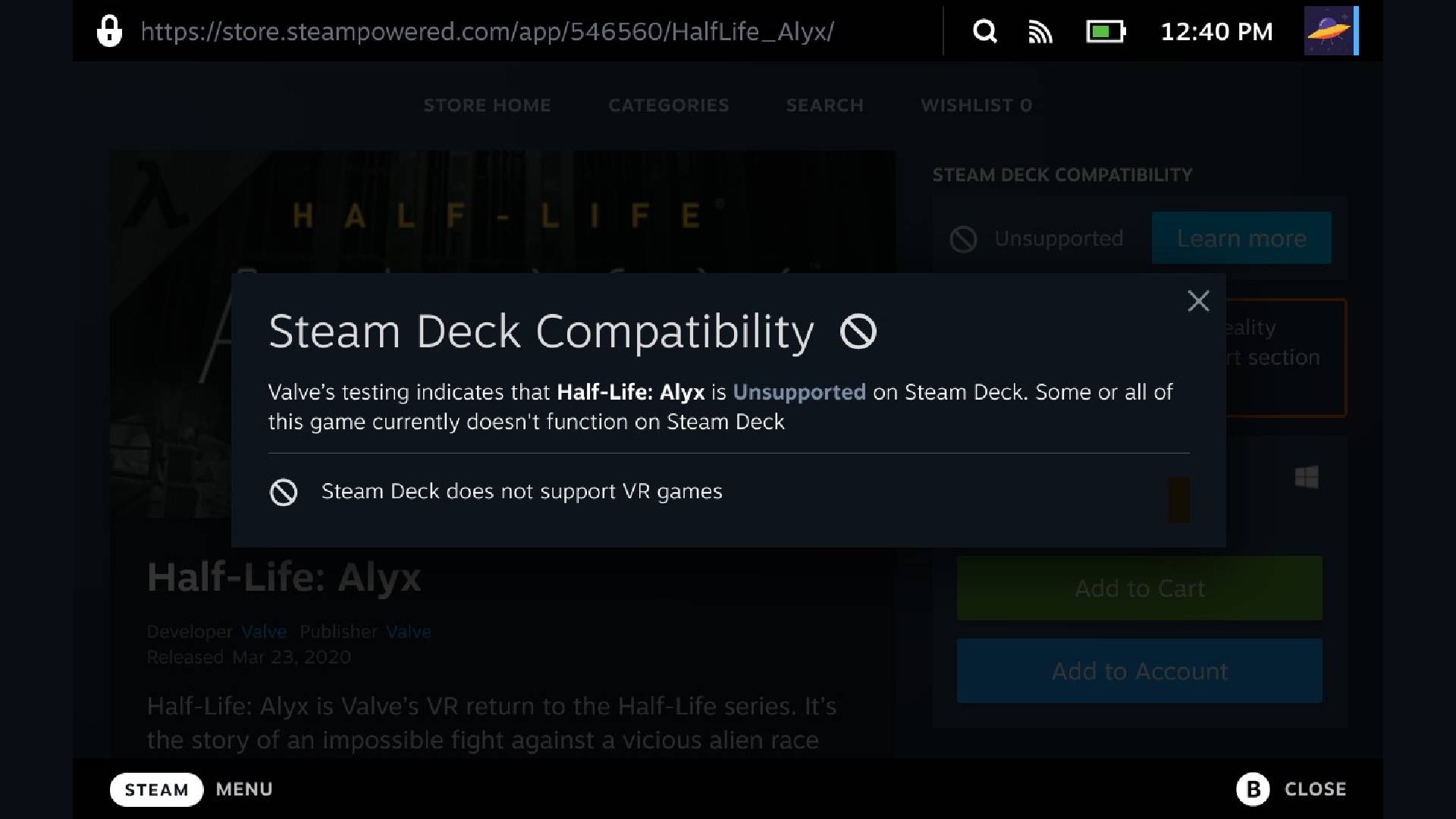 Example of Steam Deck Verified system featuring explanation of what "Unsupported" means in regards to Half Life: Alyx.