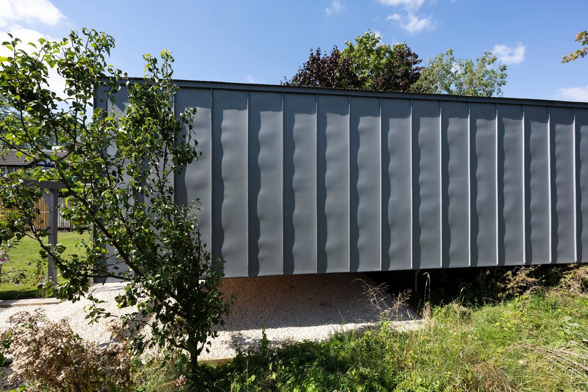 The metal cladding exterior of a tiny home