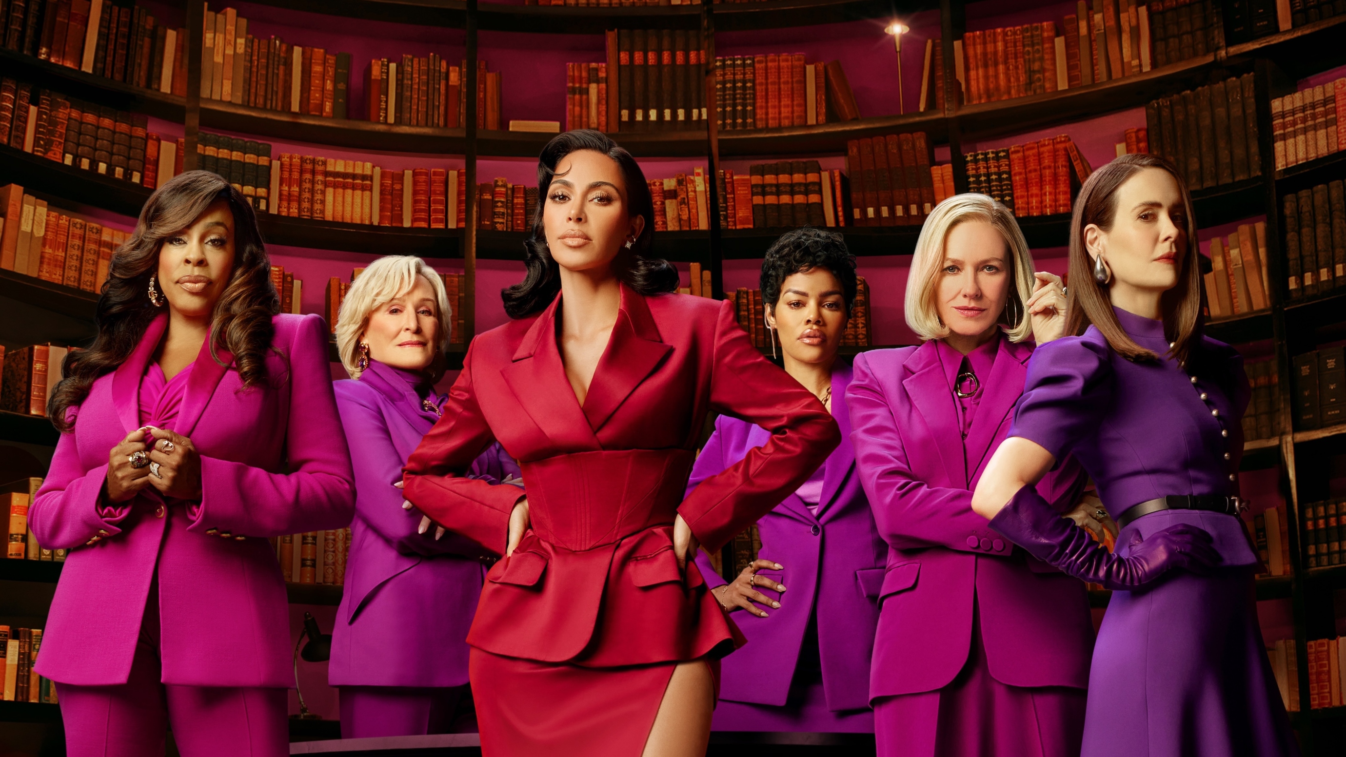 L-R: Niecy Nash, Glenn Close, Kim Kardashian, Teyana Taylor, Naomi Watts and Sarah Paulson wearing purple suits and pulling powerful poses in the key art for All's Fair.