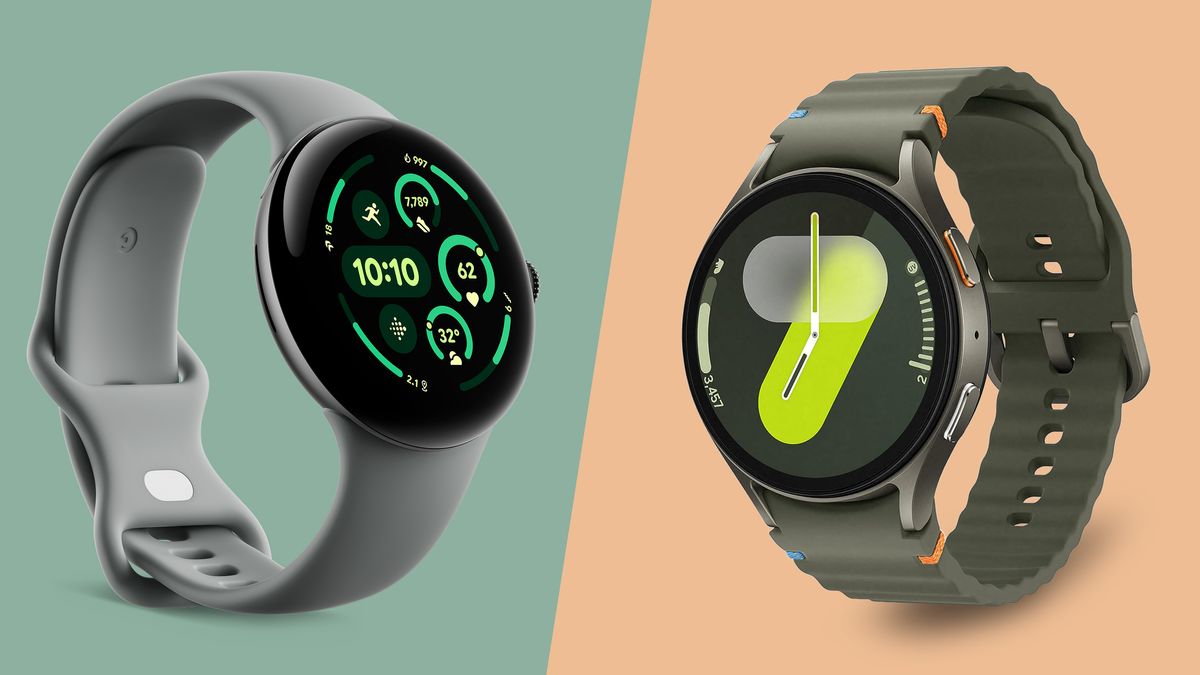 Press images of the Google Pixel Watch 3 on a green background on the left, with the Samsung Galaxy Watch 7 against a light orange background on the right