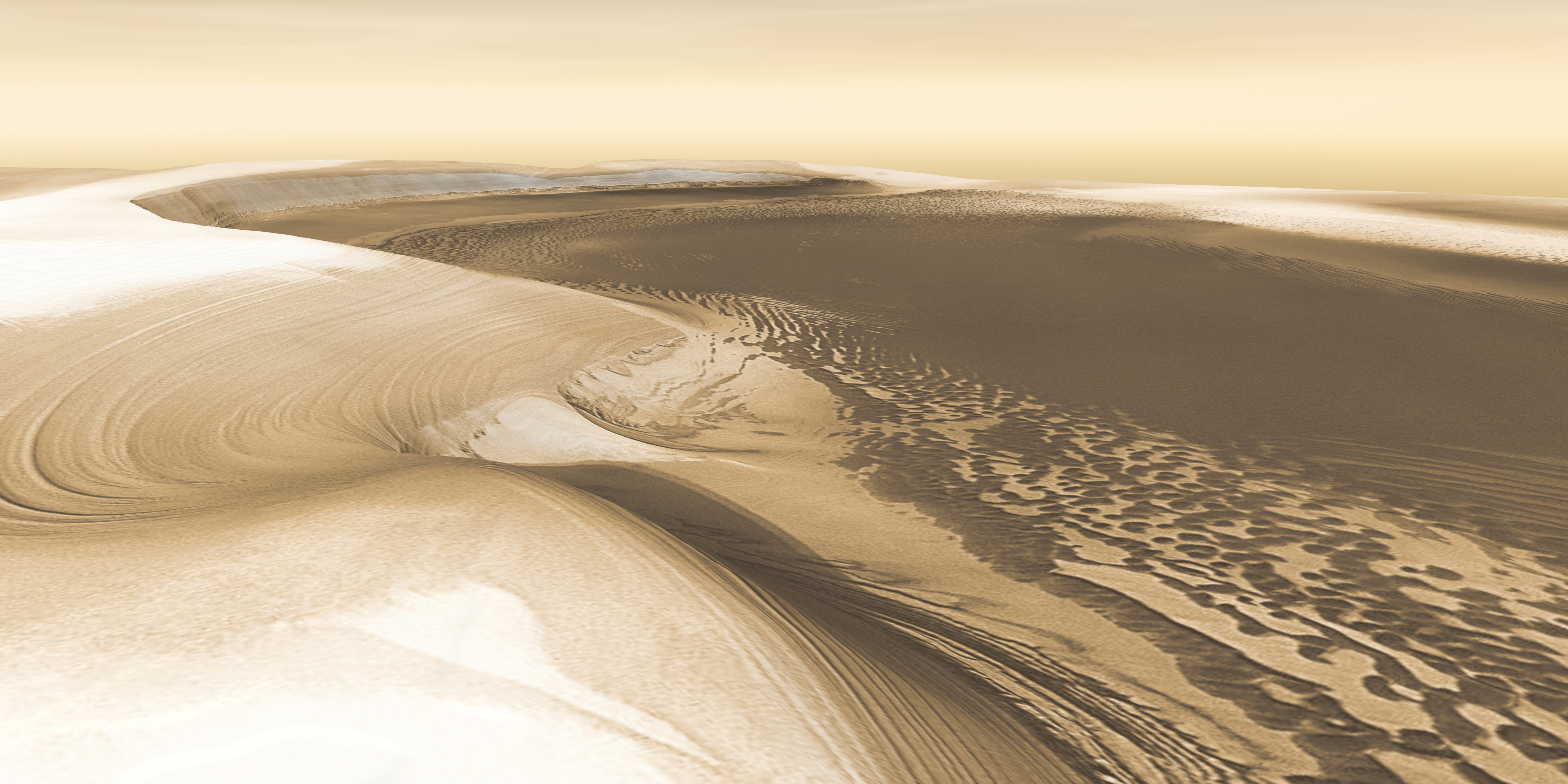 Cette vue imprenable montre ce qu'un explorateur pourrait voir au pôle nord de la planète rouge.  Cette image est une vue 3D créée à partir d'observations enregistrées par l'instrument THEMIS sur le vaisseau spatial Mars Odyssey de la NASA.  Image publiée le 26 mai 2016.