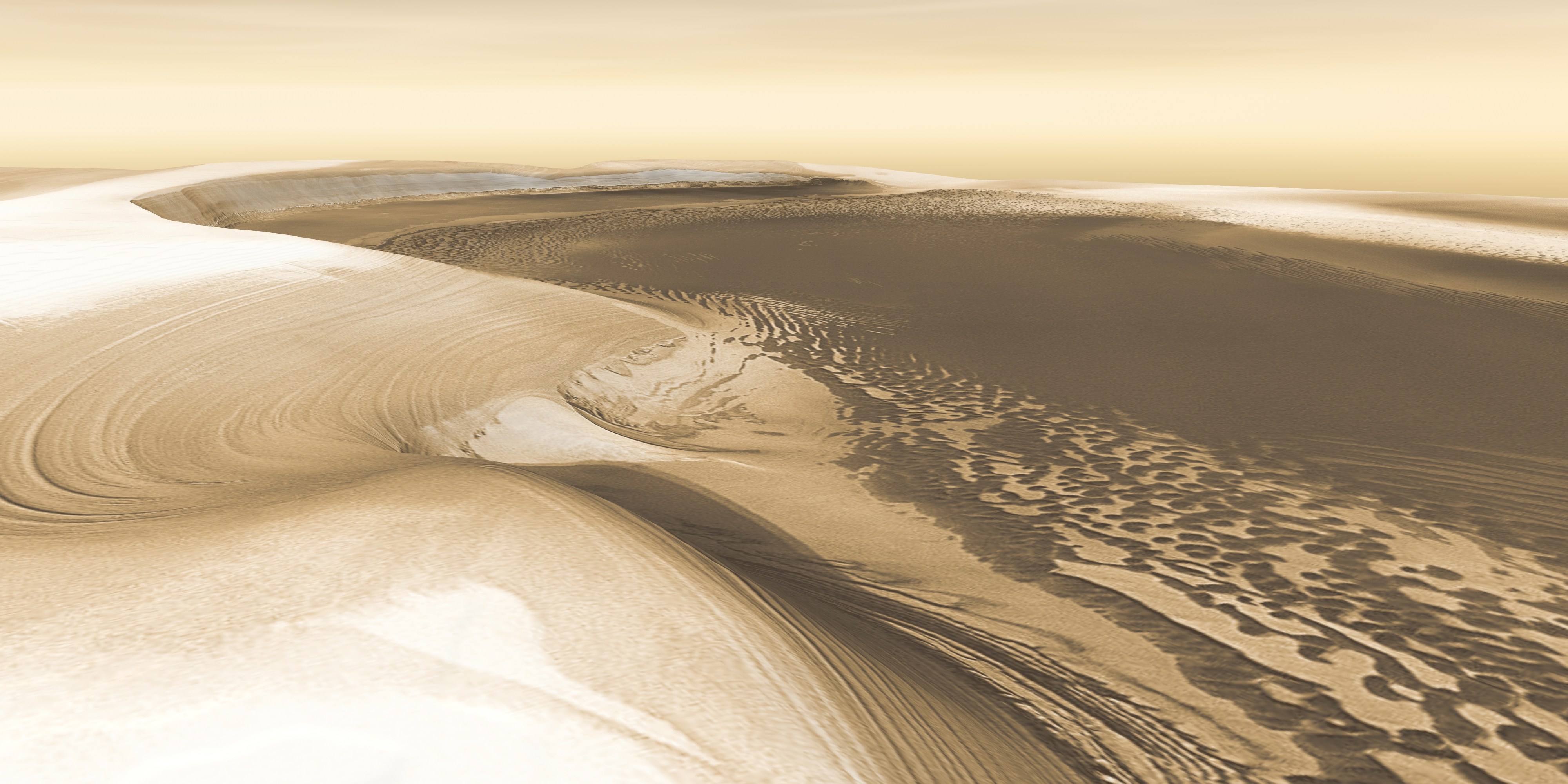 This stunning view shows what an explorer might see on the Red Planet's north pole. This image is a 3D view created from observations recorded by the THEMIS instrument on NASA's Mars Odyssey spacecraft. Image released May 26, 2016.