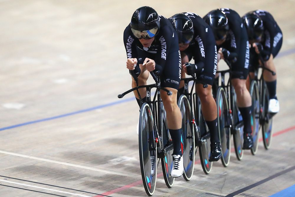 Rushlee Buchanan, Bryony Botha, Holly Edmondston and Kirstie James of New Zealand compete in the Women's team pursuit Quarter Finals