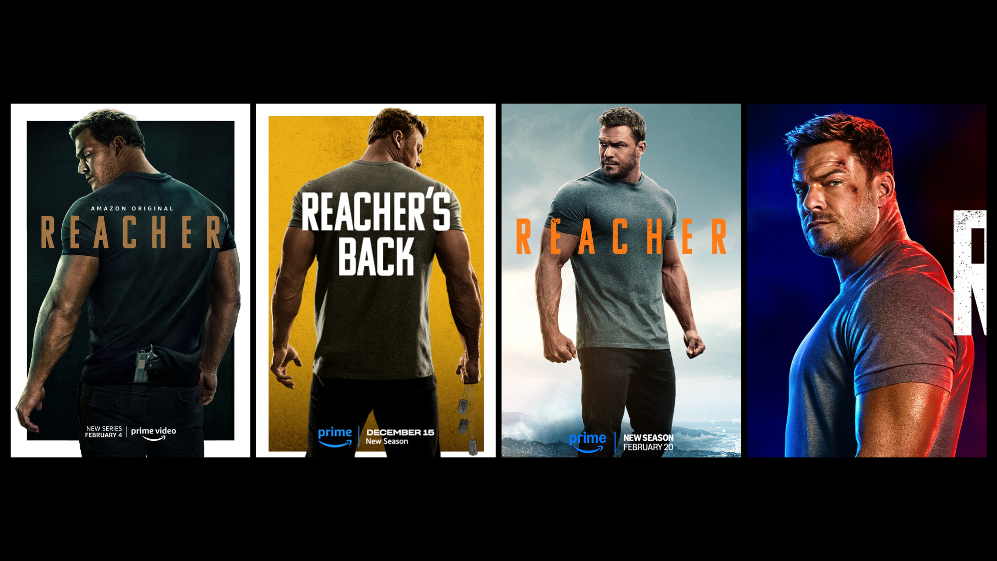 The posters for Seasons 1-4 of Reacher with Alan Ritchson.