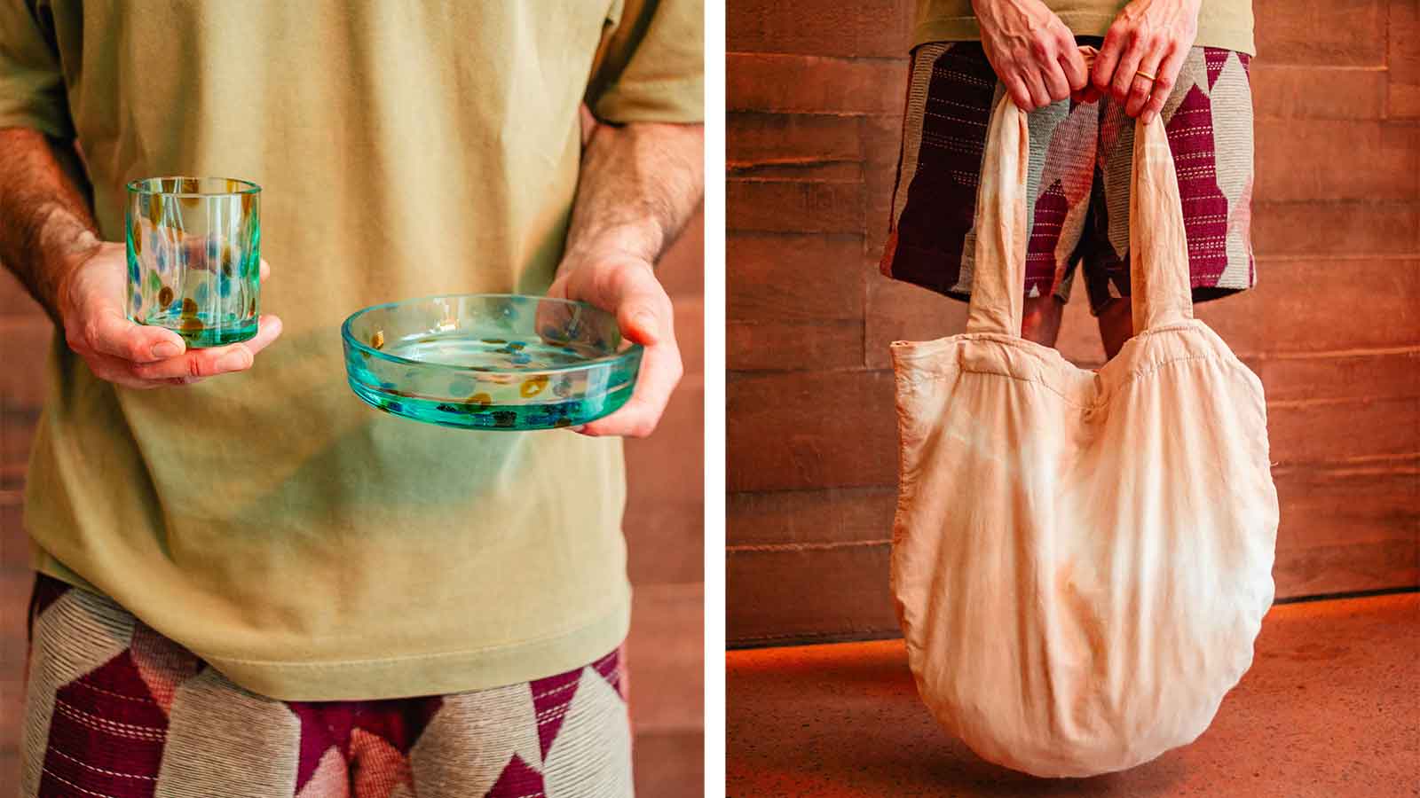 Glassware and a bag made from recycled materials by Max Lamb for Potato Head