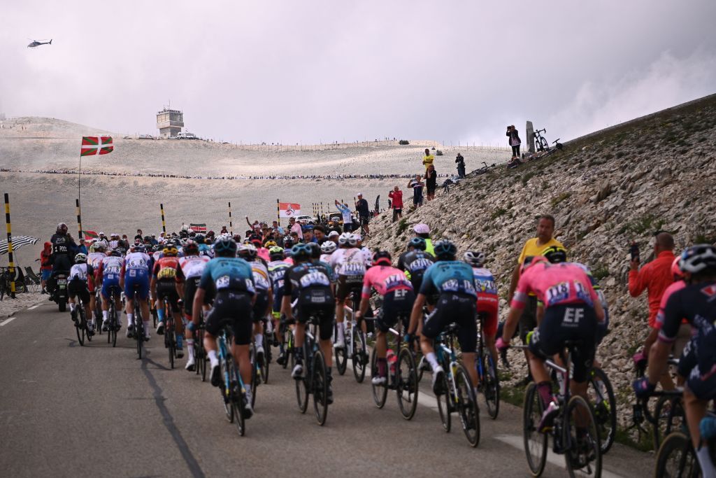 Tke pack climbs the Mont Ventoux during the 11th stage of the 108th edition of the Tour de France cycling race 198 km between Sorgues and Malaucene on July 07 2021 Photo by AnneChristine POUJOULAT AFP Photo by ANNECHRISTINE POUJOULATAFP via Getty Images