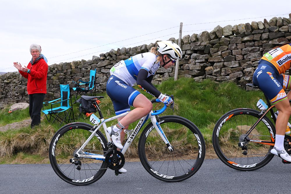 Anna van der Breggen climbs at the Tour de Yorkshire