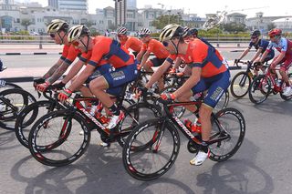 The Bahrain-Merida riders have a laugh in the bunch