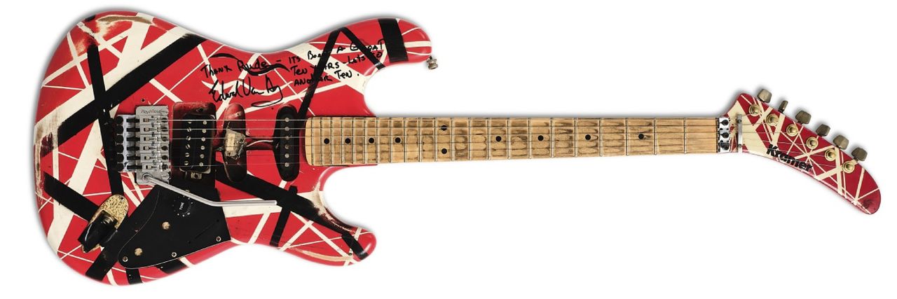 Eddie Van Halen's 1982 Kramer: finished in red, black and white stripes, this was a an early Kramer design that was later owned by Mick Mars.