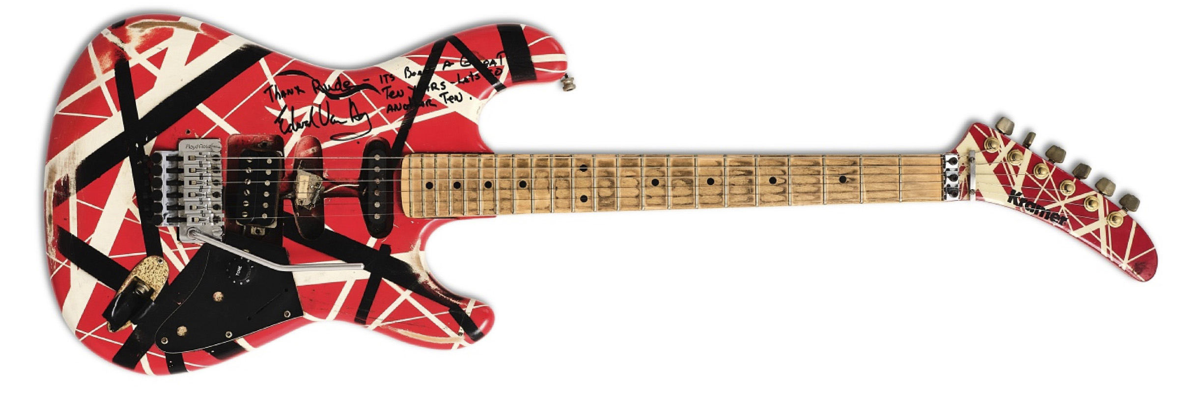 Eddie Van Halen's 1982 Kramer: finished in red, black and white stripes, this was a an early Kramer design that was later owned by Mick Mars.