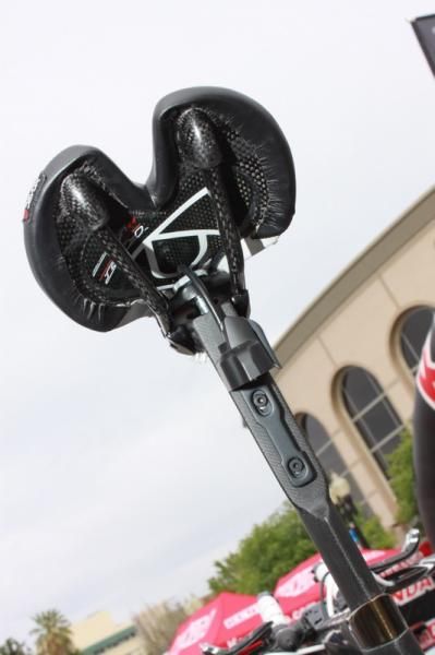 The Di2 battery holder is found on the back side of the proprietary seatpost.