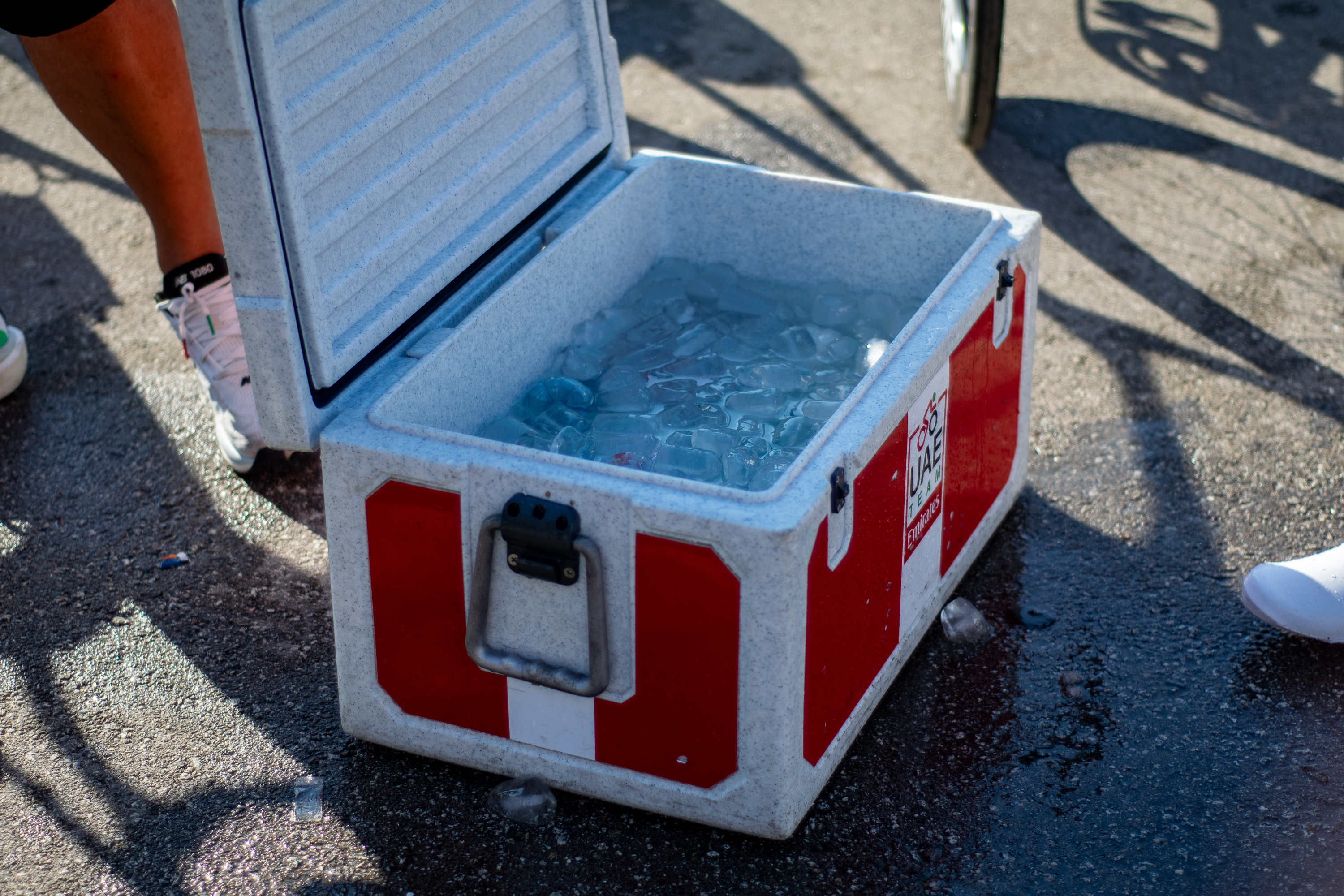 A Team UAE ice chest at the Tour de France