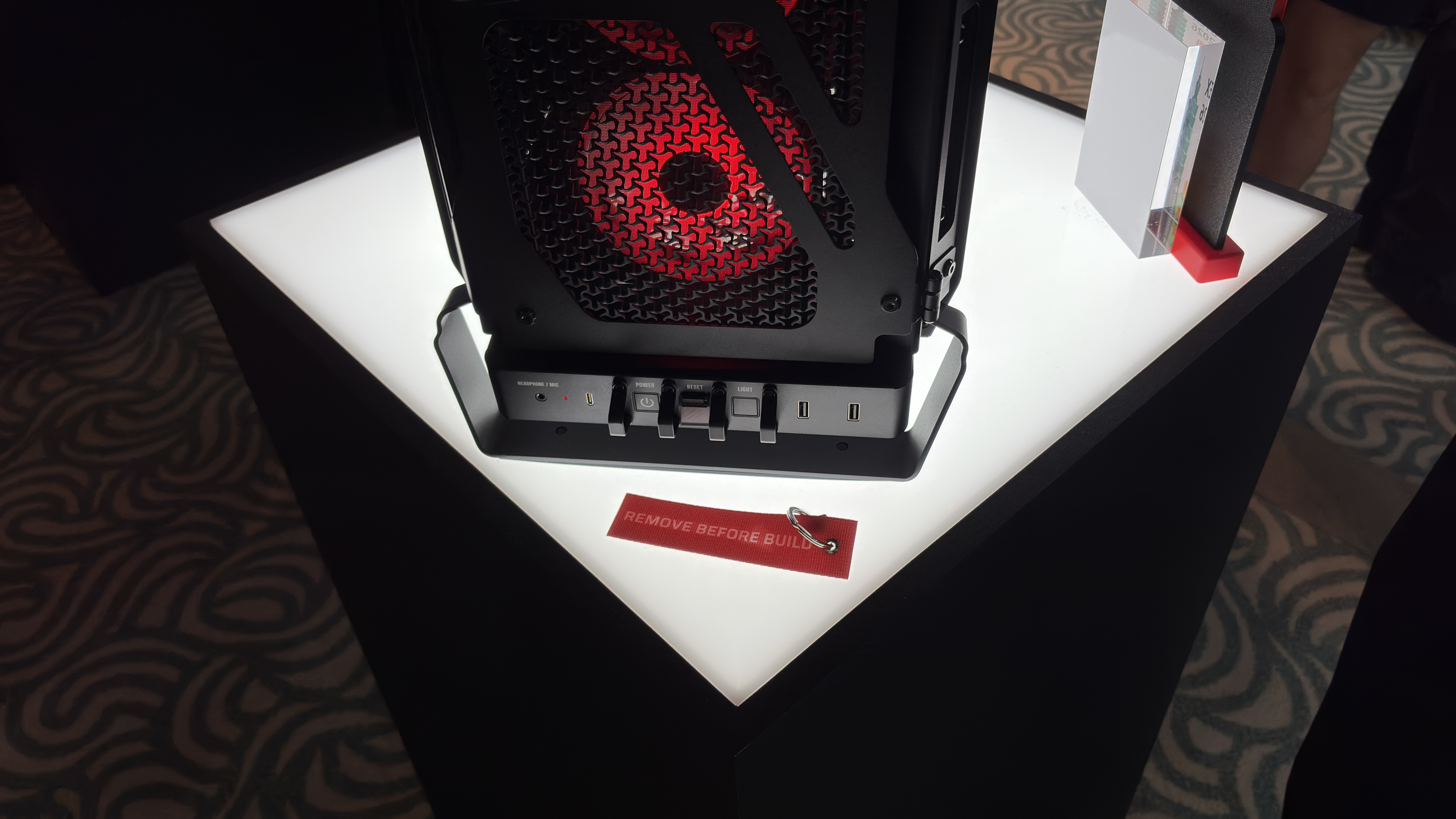 Corsair's new Warthog case with a light over the rear IO panel, at computex 2026.