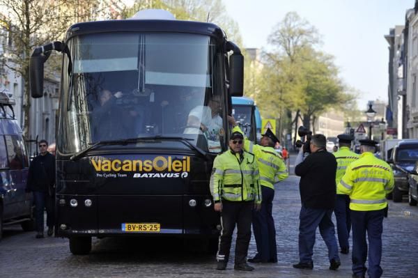 The Vacansoleil team bus is stopped for an alcohol test of the driver.
