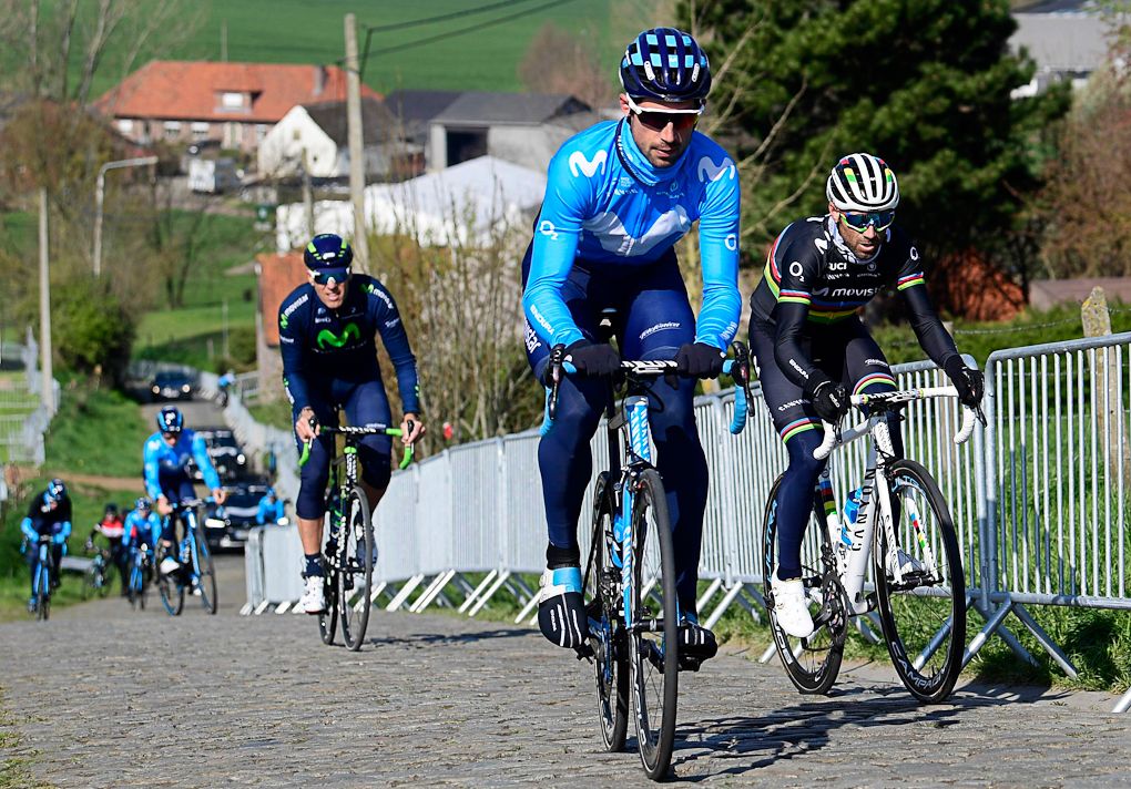 Movistar's Imanol Erviti and Alejandro Valverde climb the cobbled during Tour of Flanders recon