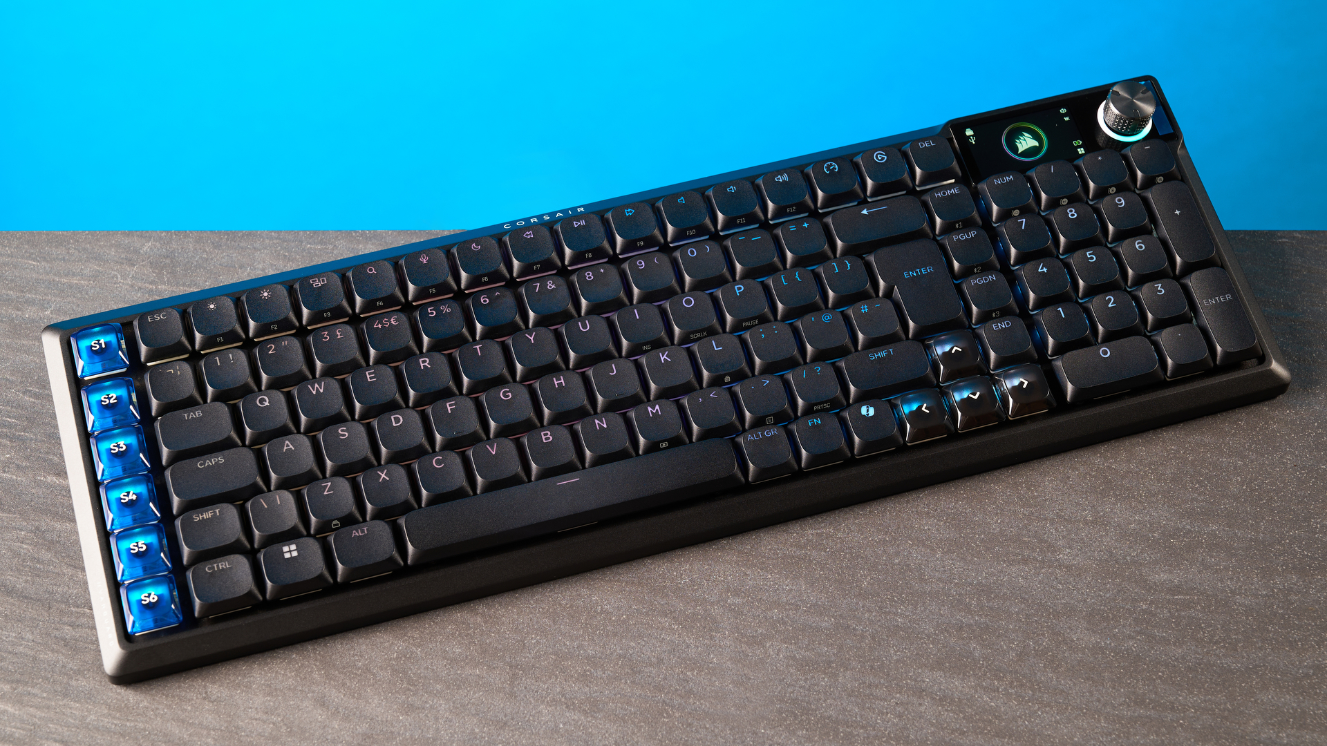 A black Corsair Vanguard Air 99 Wireless low-profile mechanical keyboard