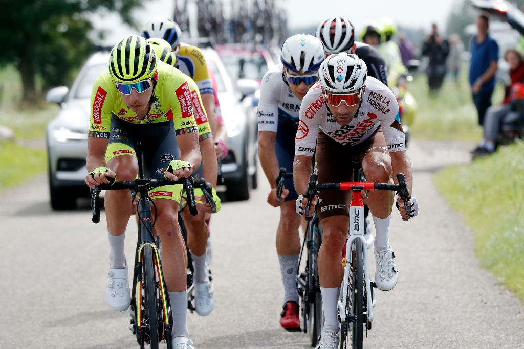 DOKKUM NETHERLANDS AUGUST 30 LR Ludovic Robeet of Belgium and Team Bingoal WB and Julien Duval of France and AG2R Citren Team compete in the breakaway during the 17th Benelux Tour 2021 Stage 1 a 1696km stage from Surhuisterveen to Dokkum BeneluxTour on August 30 2021 in Dokkum Netherlands Photo by Bas CzerwinskiGetty Images