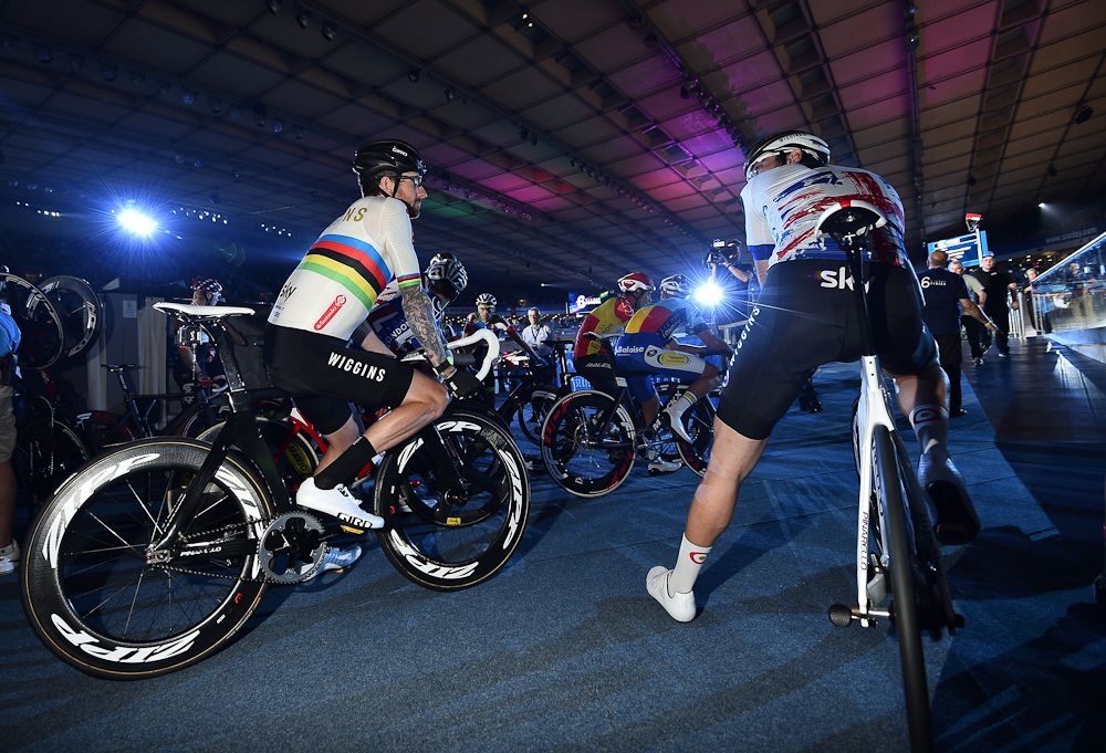 Madison World Champion Bradley Wiggins gets ready to race at the Six Day London