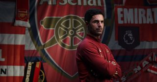 Arsenal manager Mikel Arteta poses during the Arsenal Men's team photocall at London Colney on August 08, 2023 in St Albans, England.