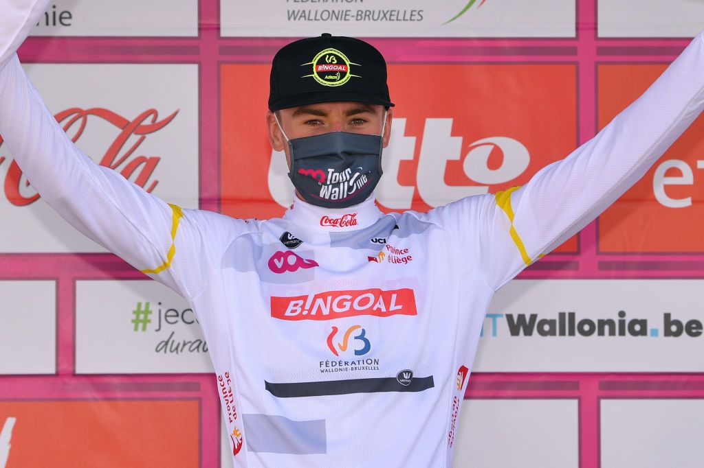WAVRE BELGIUM AUGUST 17 Podium Tom Paquot of Belgium and Team Bingoal WB White Mountain Jersey Celebration Flowers Covid safety measures during the 41st Tour de Wallonie 2020 Stage 2 a 1723km stage from Frasnes Lez Anvaing to Wavre TourdeWallonie TRW2020 on August 17 2020 in Wavre Belgium Photo by Luc ClaessenGetty Images