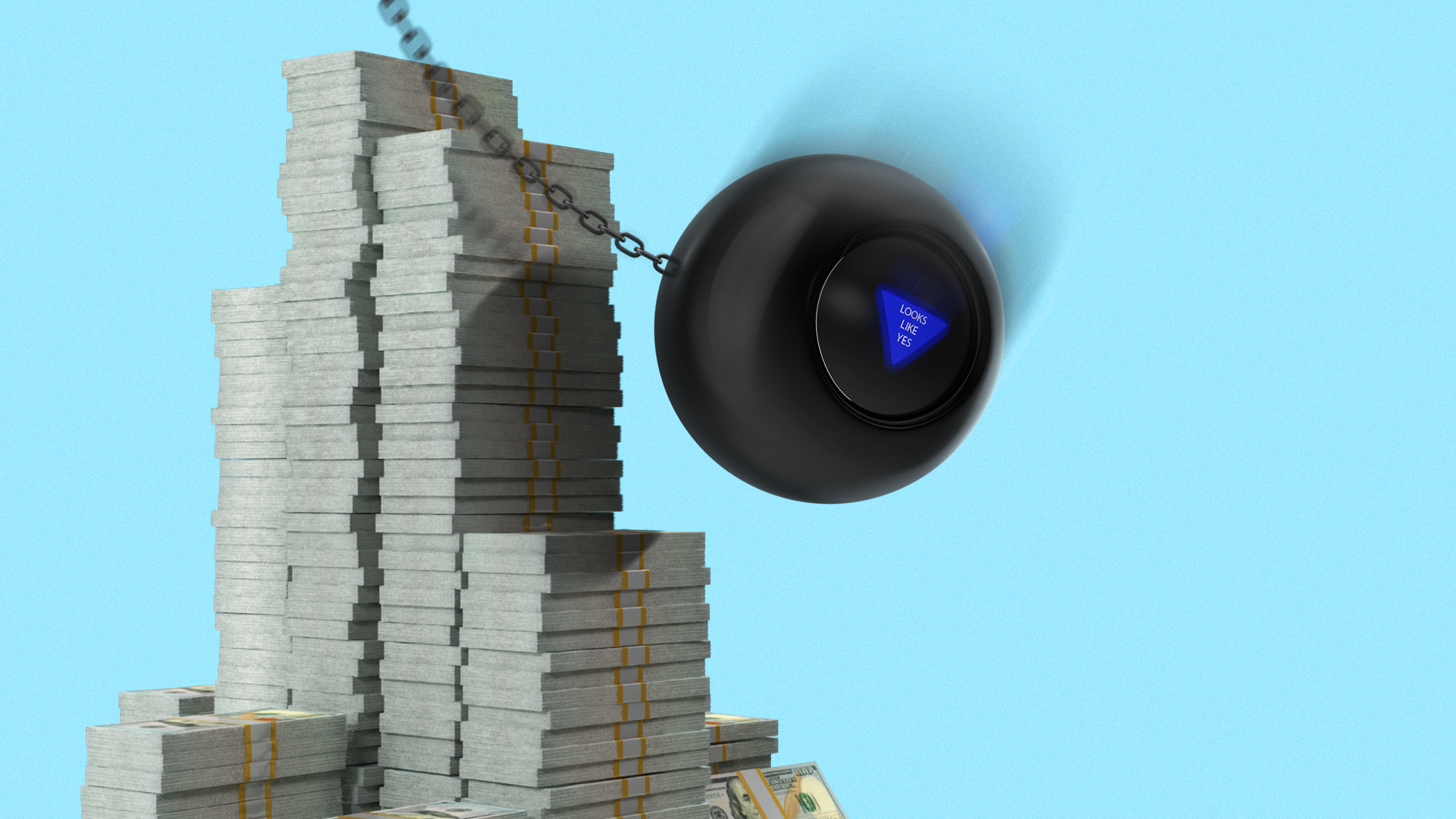 Illustration of a wrecking ball made from a Magic 8-Ball smashing into a stack of US currency