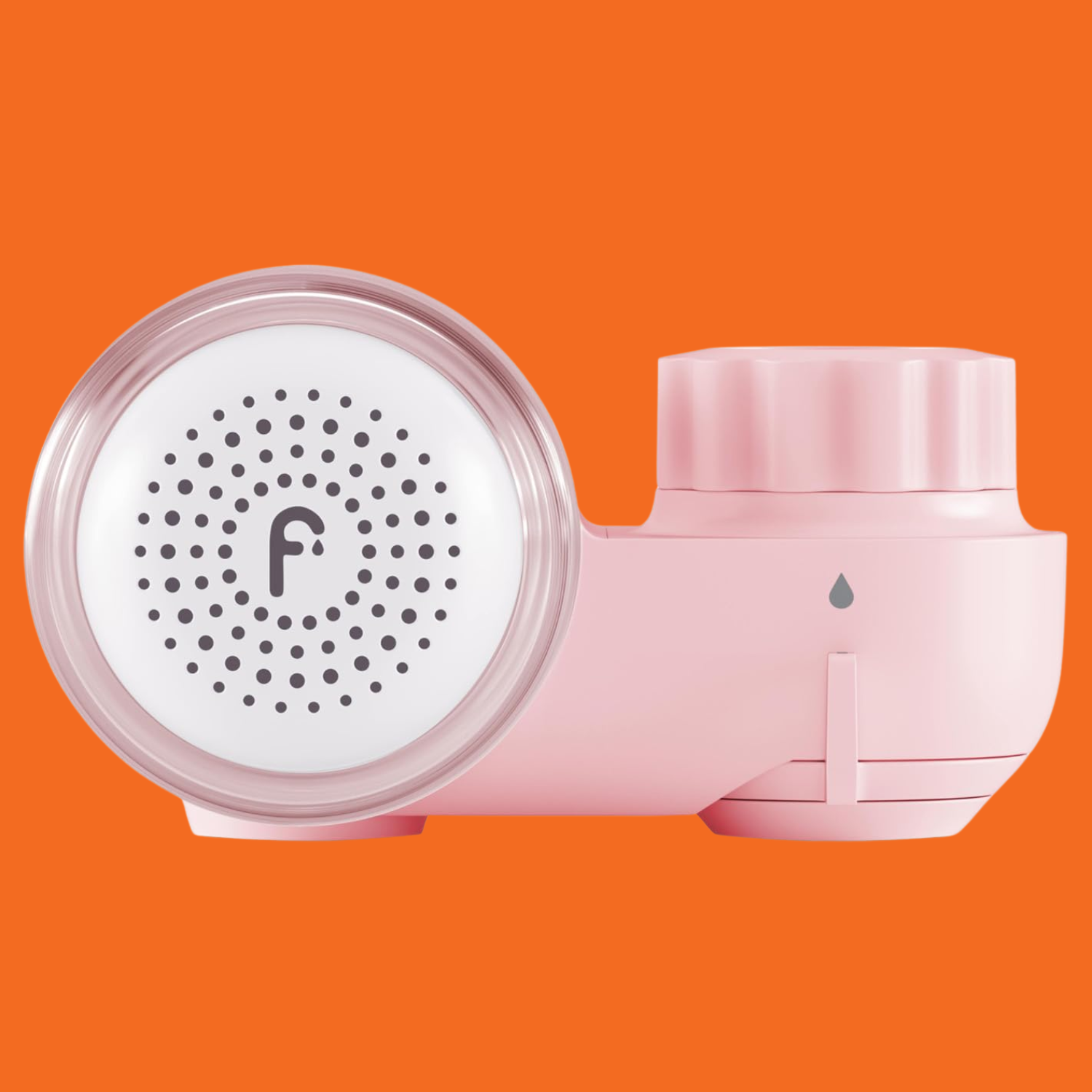 A pink skincare filter for a faucet against an orange background