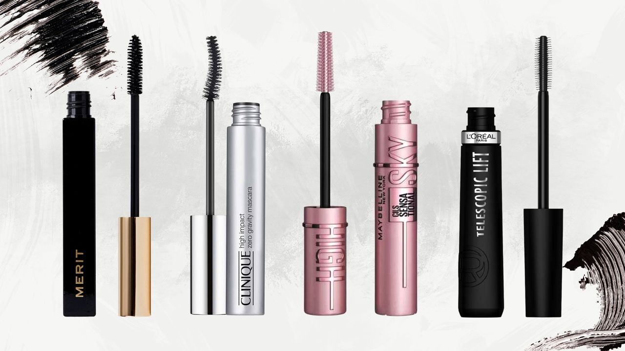 Collage of the best mascaras for short lashes (L-R from Merit Beauty, Clinique, Maybelline and L'Oreal) on a white marbled background with black mascara swatches in the top left and bottom right corners