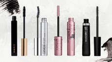 Collage of the best mascaras for short lashes (L-R from Merit Beauty, Clinique, Maybelline and L'Oreal) on a white marbled background with black mascara swatches in the top left and bottom right corners