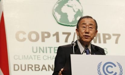 U.N. Secretary-General Ban Ki-moon at December's climate change conference in South Africa: World leaders salvaged a last-minute compromise, but critics say it's not nearly enough.