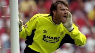 11 Sep 1999: Massimo Taibi makes his Manchester United debut in the FA Carling Premiership match against Liverpool at Anfield in Liverpool, England. United won 3-2. \ Mandatory Credit: Ross Kinnaird /Allsport