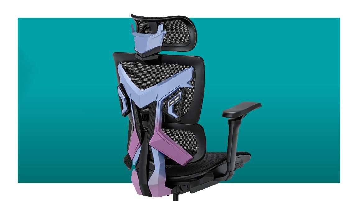 The AndaSeat X-Air Pro has been superimposed over the PCG teal deal header. We see the office-meets-gaming chair at a three-quarter angle. The chair is black, but features an ostentatious back plate made of angular plastic. This plastic features a blue-to-purple gradient and really draws attention--in part because the bit on the back of the headrest looks a little bit like a robot face.