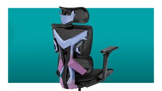 The AndaSeat X-Air Pro has been superimposed over the PCG teal deal header. We see the office-meets-gaming chair at a three-quarter angle. The chair is black, but features an ostentatious back plate made of angular plastic. This plastic features a blue-to-purple gradient and really draws attention--in part because the bit on the back of the headrest looks a little bit like a robot face.