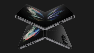 A render of the Samsung Galaxy Z Fold 4, showing two Z Folds partially open and arranged in an X pattern