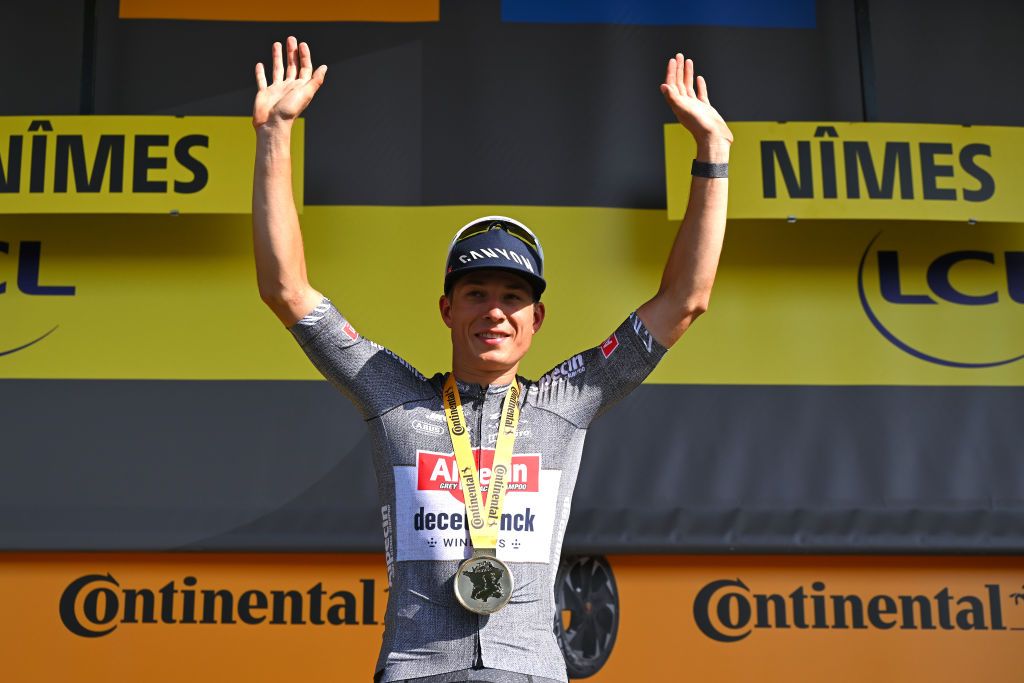 NIMES FRANCE JULY 16 Jasper Philipsen of Belgium and Team Alpecin Deceuninck celebrates at podium as stage winner during the 111th Tour de France 2024 Stage 16 a 1886km stage from Gruissan to Nimes UCIWT on July 16 2024 in Nimes France Photo by Tim de WaeleGetty Images