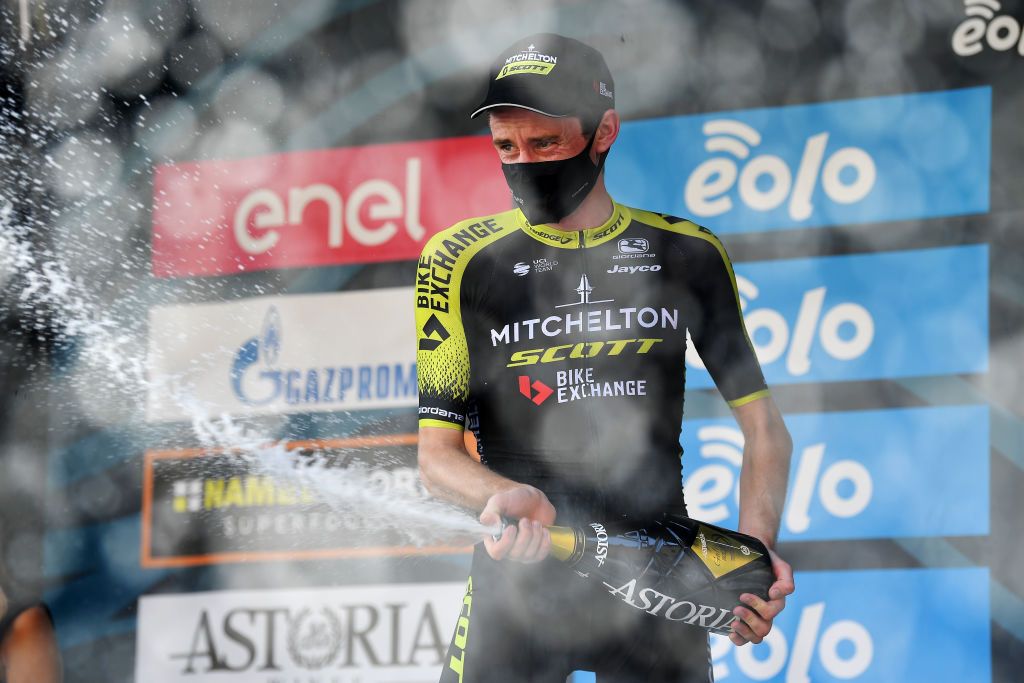 CASCIA ITALY SEPTEMBER 10 Podium Lucas Hamilton of Australia and Team MitcheltonScott Celebration Champagne during the 55th TirrenoAdriatico 2020 Stage 4 a 194km stage from Terni to Cascia 645m TirrenAdriatico on September 10 2020 in Cascia Italy Photo by Justin SetterfieldGetty Images