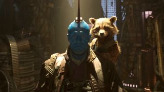 Rocket sits on Yondu's shoulder in a very cluttered room in Guardians of the Galaxy Vol 2.