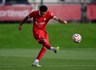 Luca Furnell-Gill of Liverpool in action during the U18 Premier League match at AXA Training Centre on October 07, 2023 in Kirkby, England. (Photo by Nick Taylor/Liverpool FC/Liverpool FC via Getty Images)
