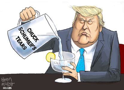 Political Cartoon U.S. Donald Trump drinks Chuck Schumer tears