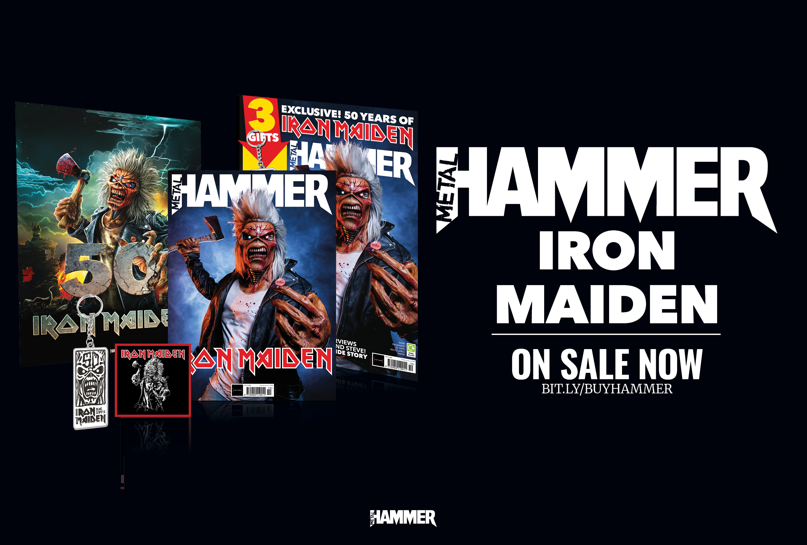 Iron Maiden mascot Eddie on the cover of Metal Hammer, with a keyring, art print and patch
