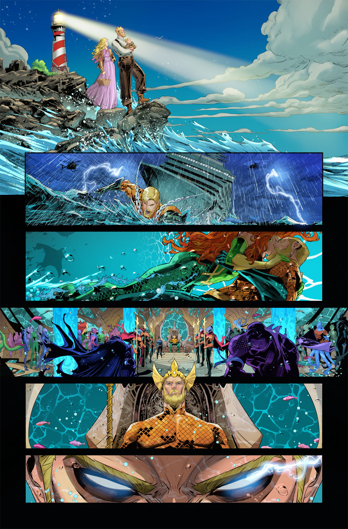 Unlettered interior art pages from Aquaman #1.