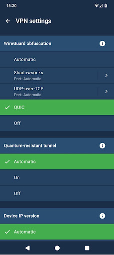 Mullvad VPN&#039;s settings on mobile apps, showing the QUIC obfuscation enabled