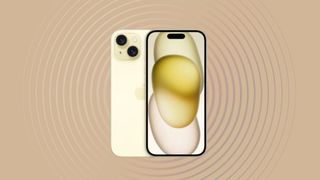 Apple iPhone 15 Plus in yellow on gold background