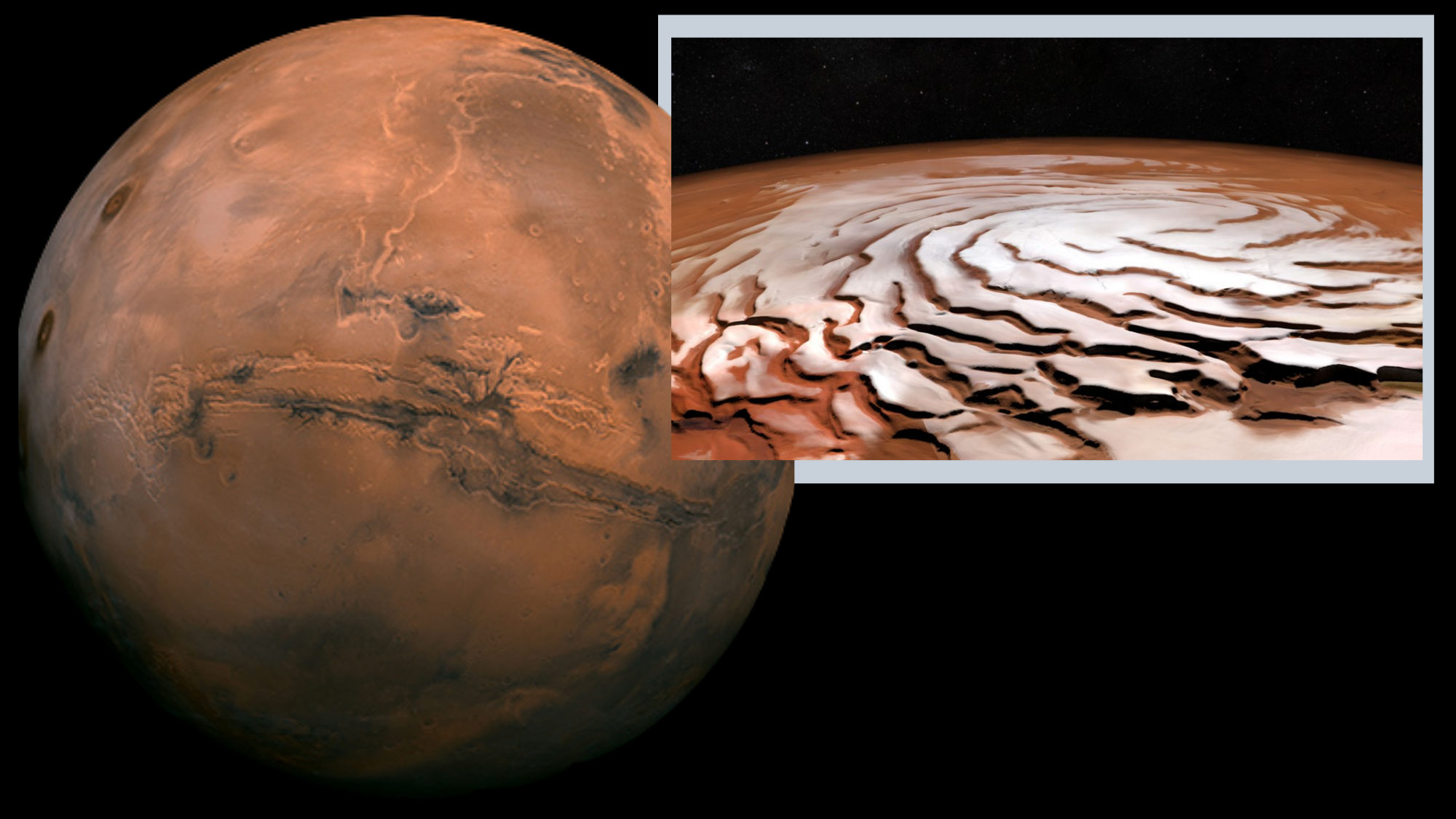 (Left) Mars in its full glory (Right) the polar ice of the Red Planet