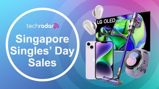 Assortment of tech on a pink, green and blue gradient background with &quot;Singapore Singles&#039; Day Sales&quot; text in white.